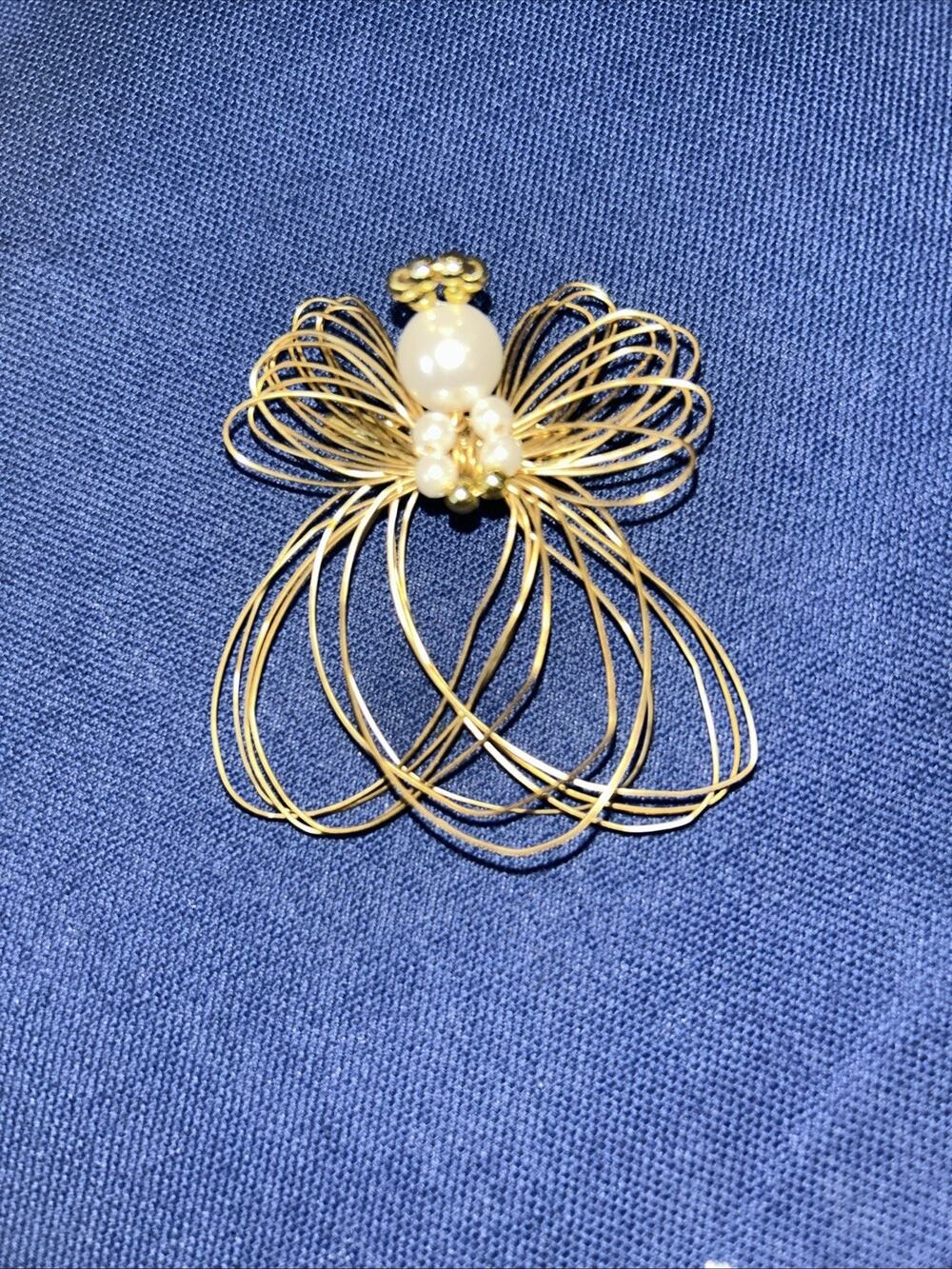 Vintage Gold Tone Wire Angel Brooch Pin W/ Faux Pearl